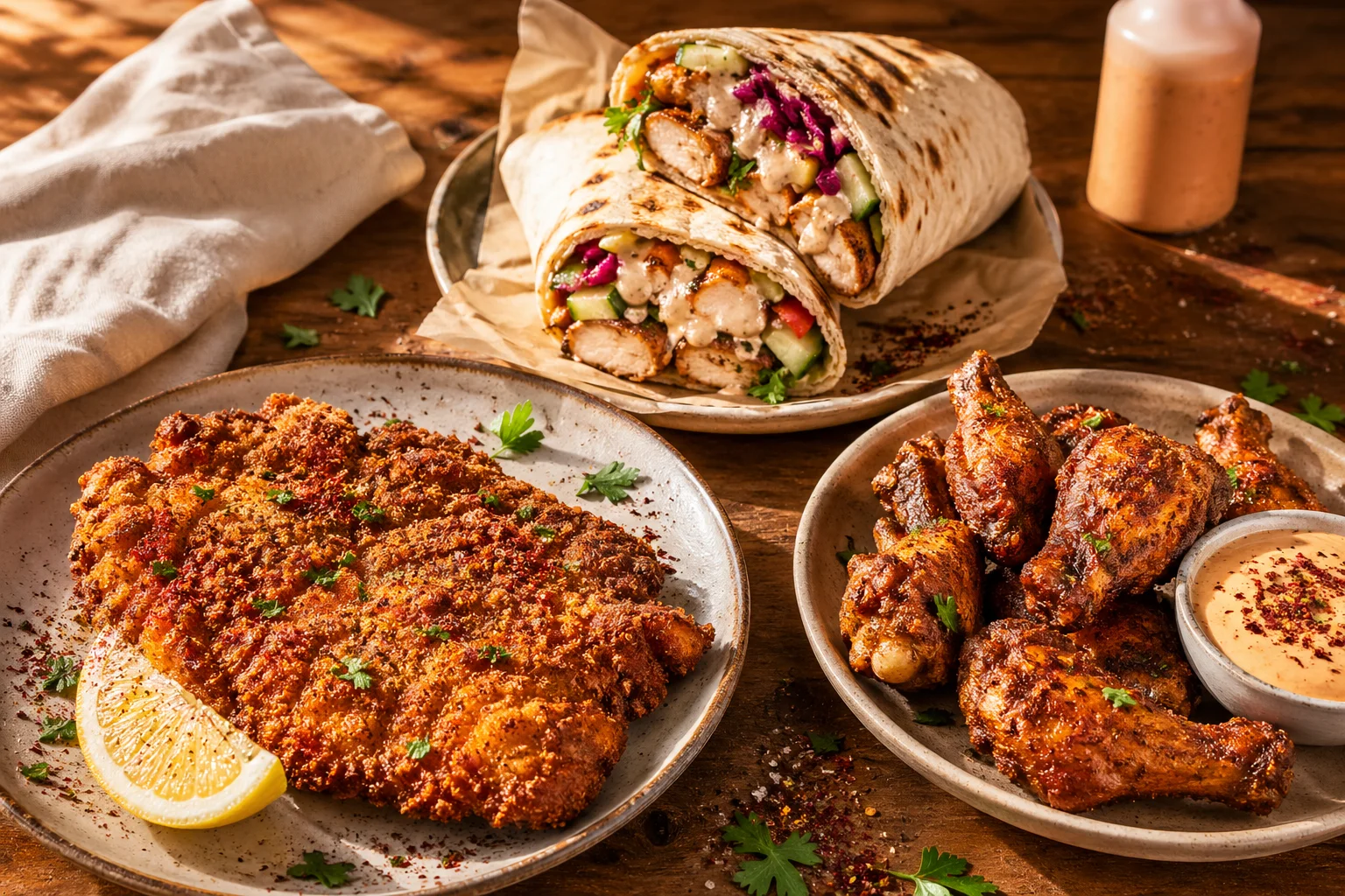 Chicken — schnitzel cutlet, chicken shawarma wrap, crispy wings, dipping sauce