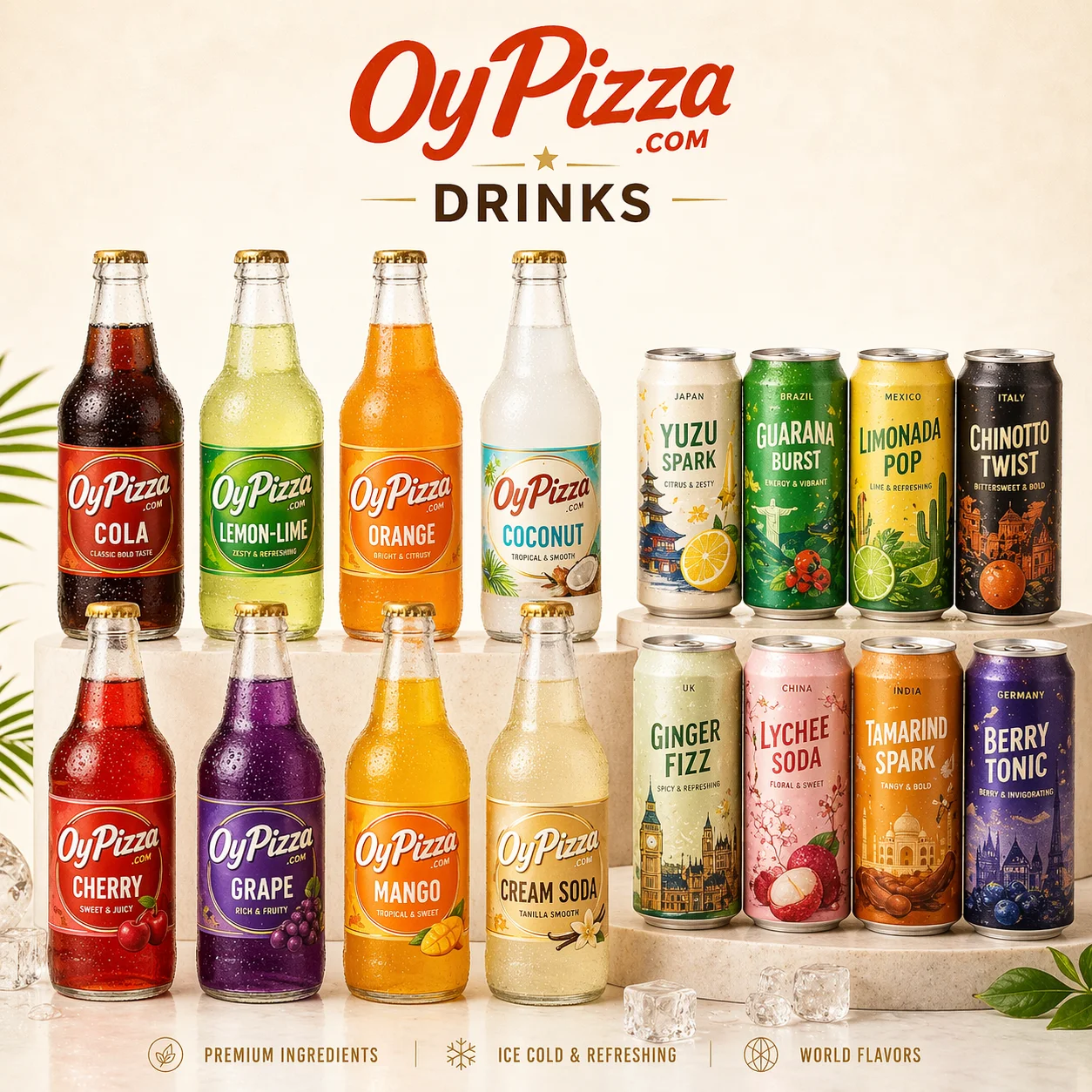 Drinks — OyPizza bottled cola, lemon-lime, orange, coconut, cherry, grape, mango, cream soda plus world sodas