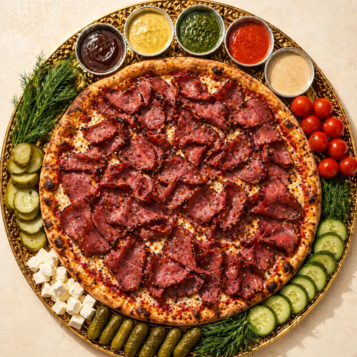 OyPizza – 21-inch branded pie on a gold platter with 5 Hutzpa Sauces