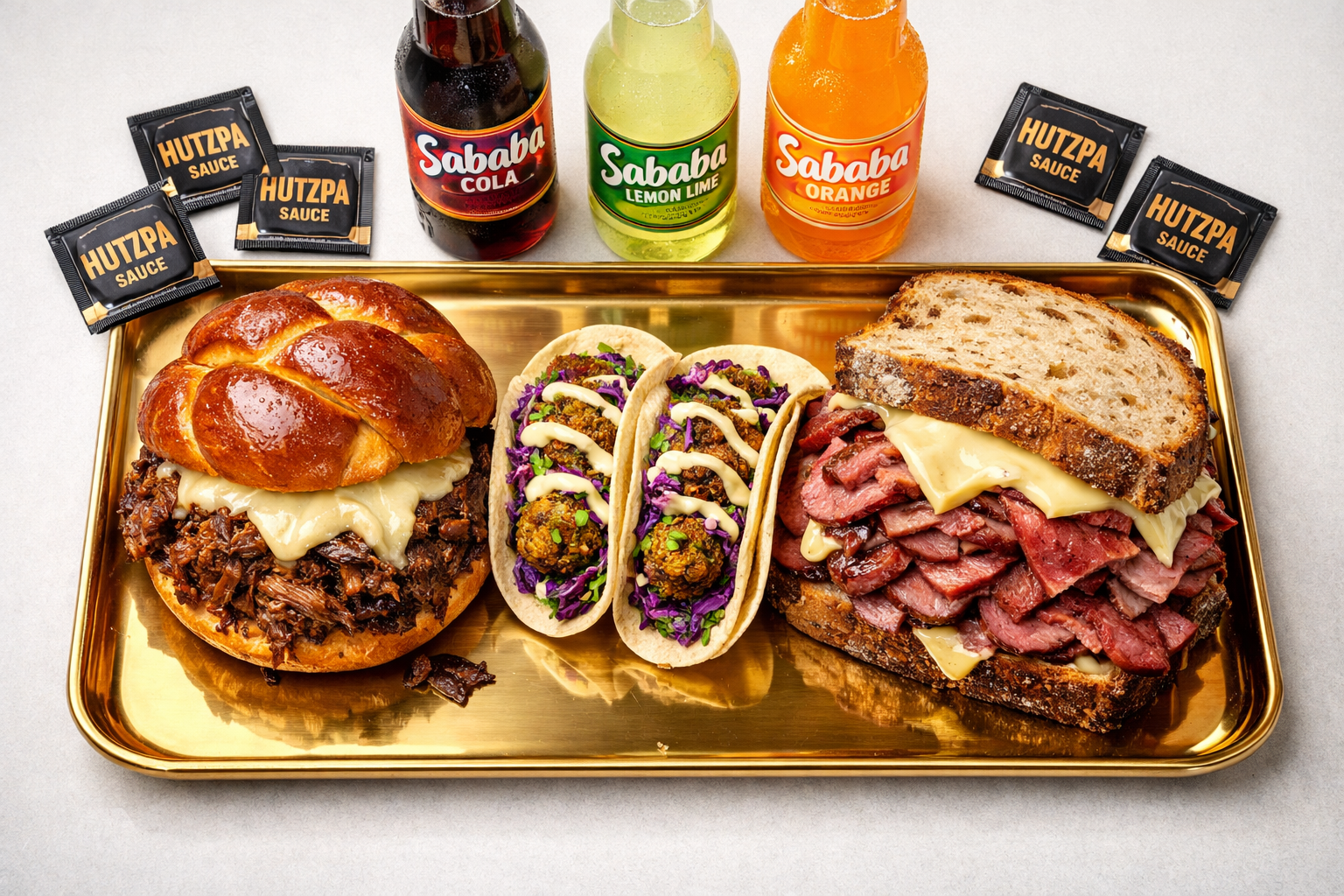Sababa Combo — Challah-Burger, Tacos, Sandwich and 3 drinks