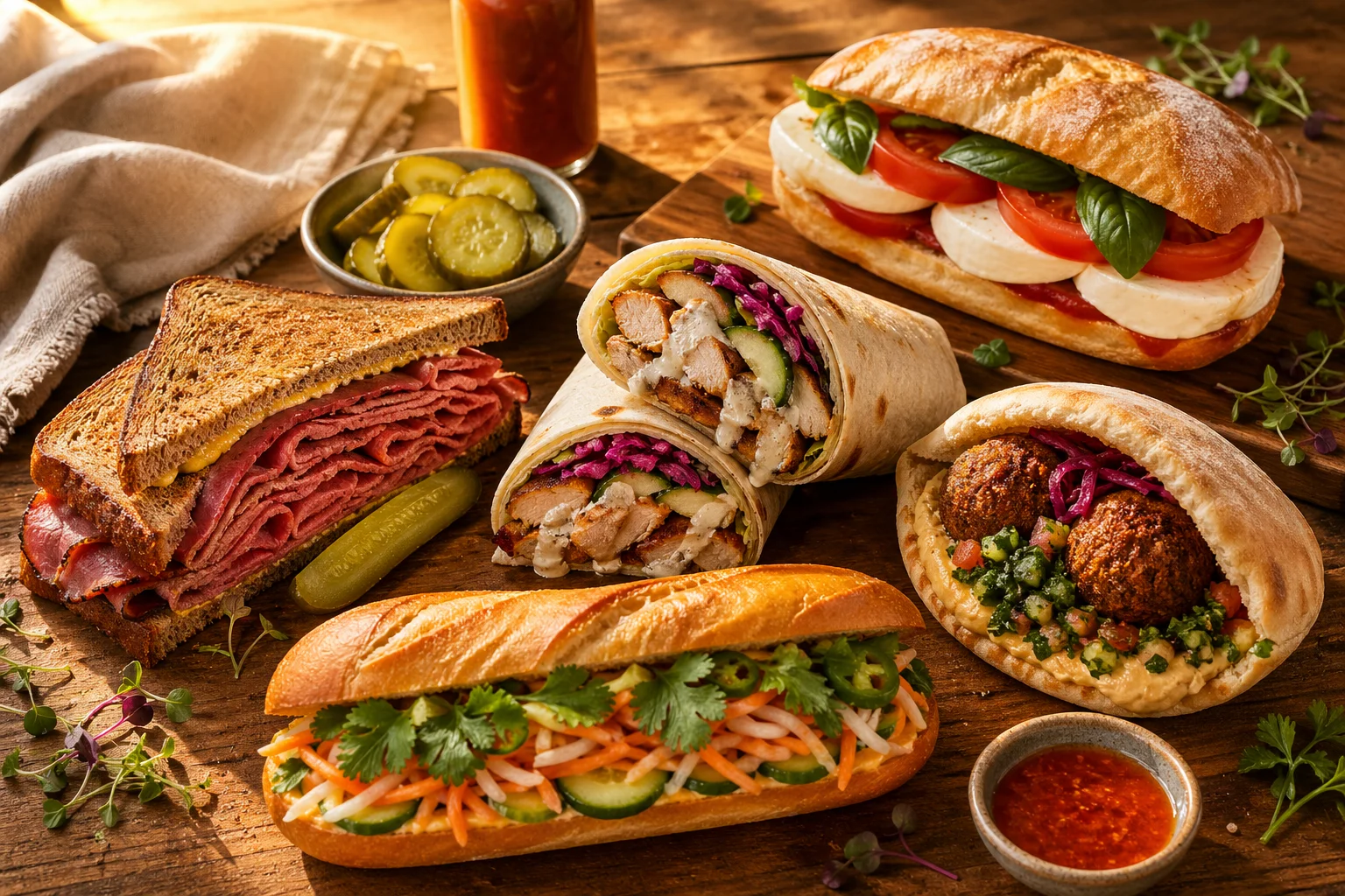 Sandwiches & Wraps — pastrami sandwich, shawarma wrap, falafel pita, banh mi, caprese
