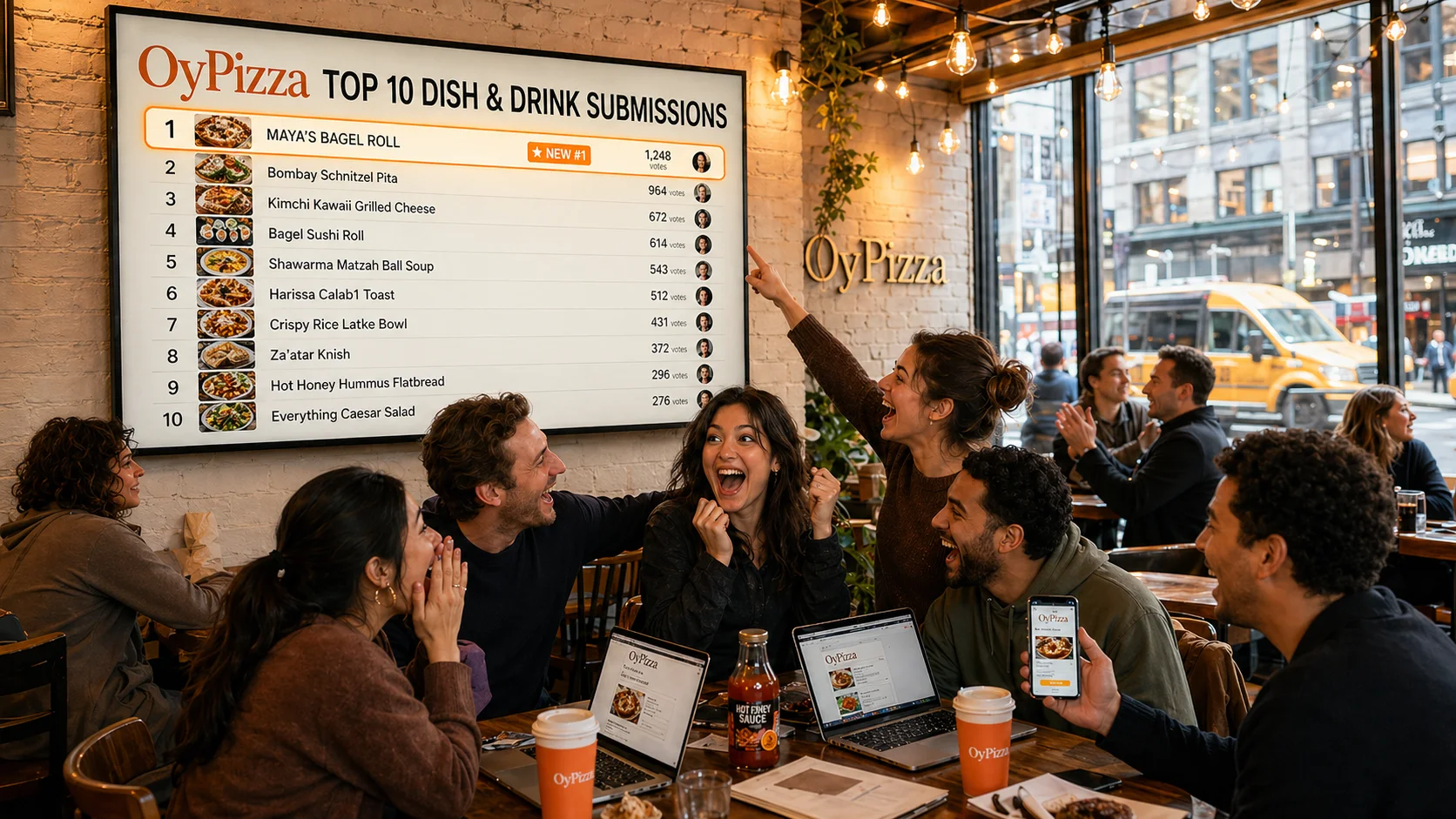 OyPizza dish leaderboard preview — Maya's Bagel Roll at #1, community-submitted dish ideas