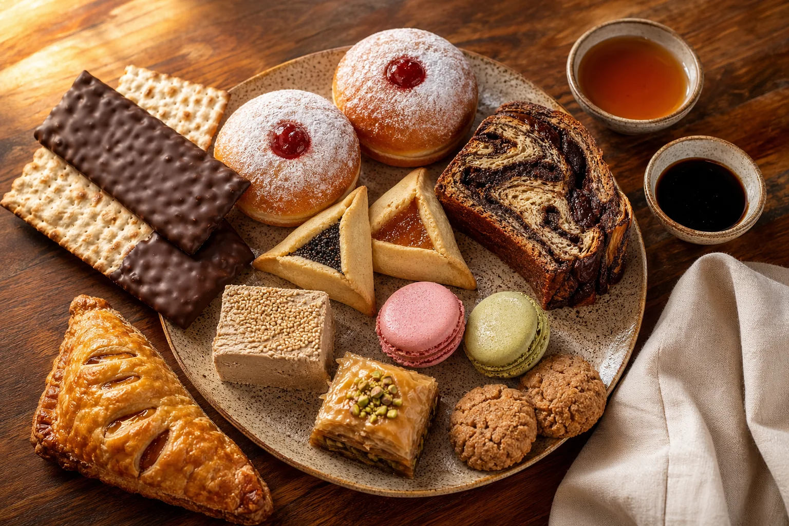Sweets & Pastries — global sweets: matzo, sufganiyot, hamantaschen, babka, baklava, macarons